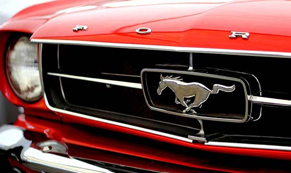 Ford Mustang mieten Köln: Das Pony Car steht am Kölner mit Kunden für eine Firmenveranstaltung.